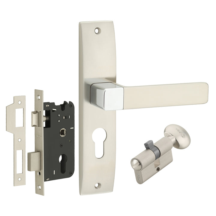 IPSA Ink Iris Handle Series on 8" Plate CYS Lockset with 60mm Coin and Knob - Matte Satin Nickel Finish CPS