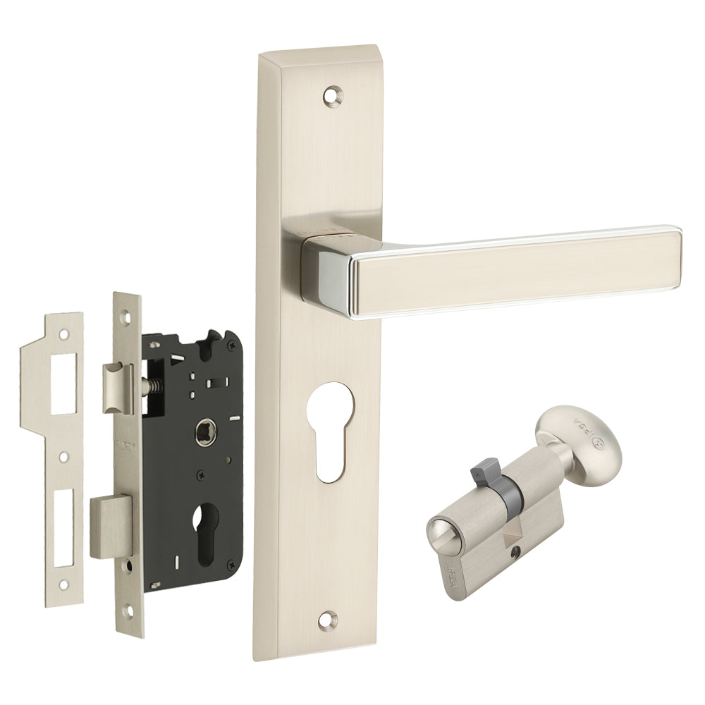 IPSA Teal Iris Handle Series on 8" Plate CYS Lockset with 60mm Coin and Knob - Matte Satin Nickel Finish CPS