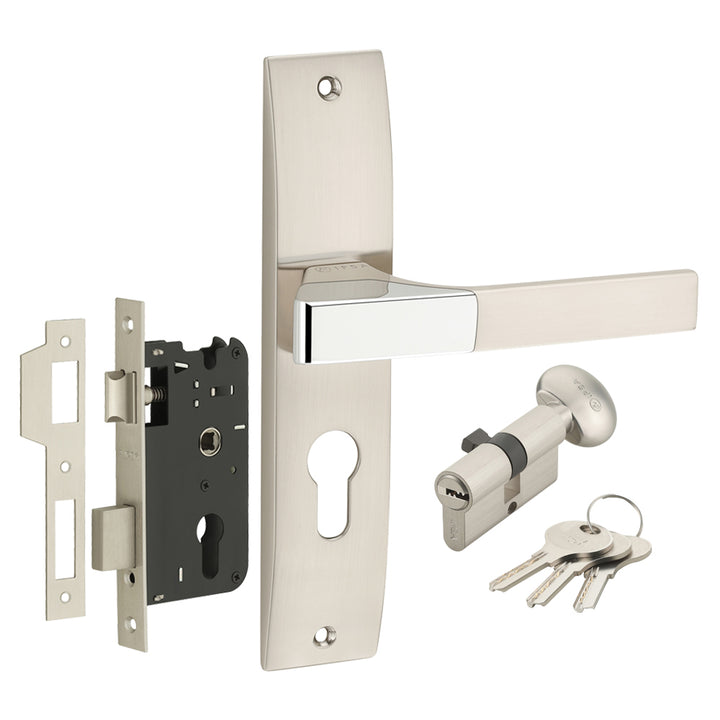 IPSA Ash Iris Handle Series on 8" Plate CYS Lockset with 60mm One Side Key and Knob - Matte Satin Nickel Finish CPS
