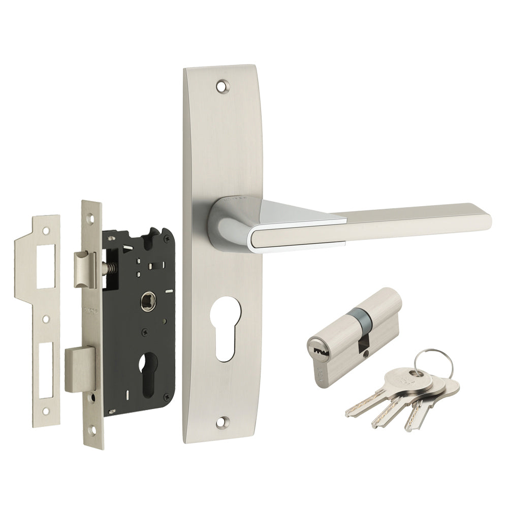IPSA Tan Iris Handle Series on 8" Plate CYS Lockset with 60mm Both Side Key - Matte Satin Nickel Finish CPS