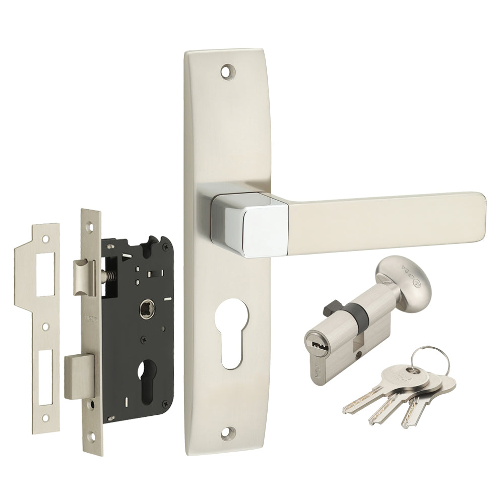 IPSA Ink Iris Handle Series on 8" Plate CYS Lockset with 60mm One Side Key and Knob - Matte Satin Nickel Finish CPS