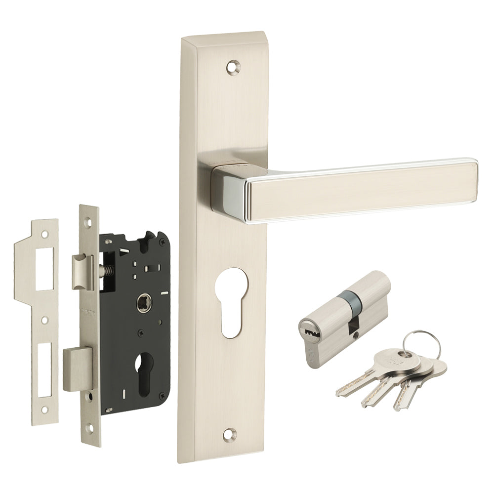 IPSA Teal Iris Handle Series on 8" Plate CYS Lockset with 60mm Both Side Key - Matte Satin Nickel Finish CPS