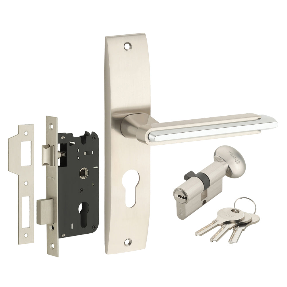 IPSA Lead Iris Handle Series on 8" Plate CYS Lockset with 60mm One Side Key and Knob - Matte Satin Nickel Finish CPS
