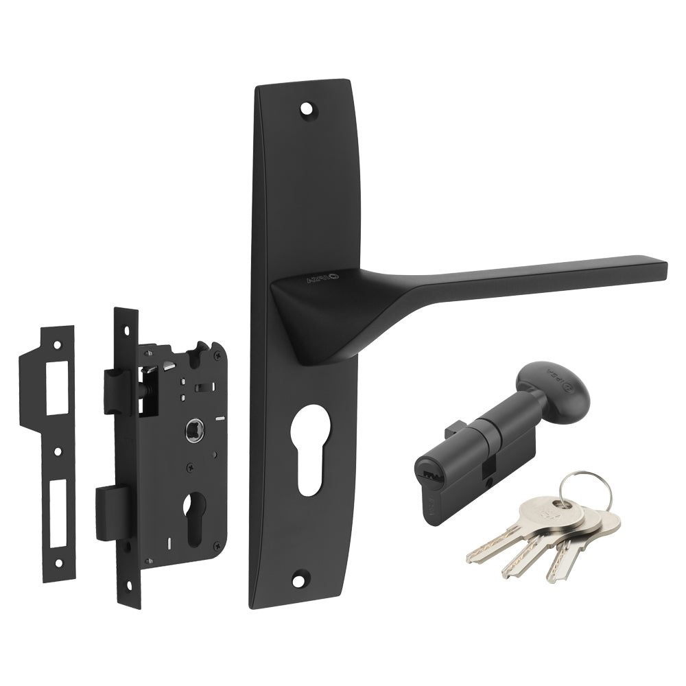 IPSA Camel Moderna Handle Series on 8" Plate CYS Lockset with 60mm One Side Key and Knob - Finish Black