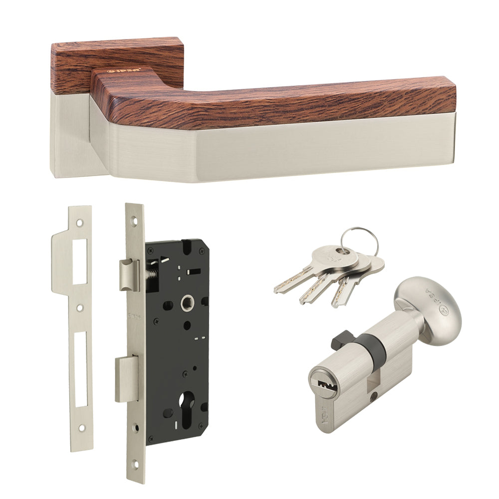 IPSA Luxos Series Ethen Door Handle With One Side Knob and Key Cylinder and Lock Body Finish NSY