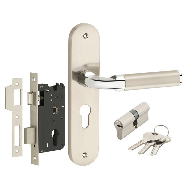 IPSA Cherry Iris Handle Series on 8" Plate CYS Lockset with 60mm Both Side Key - Matte Satin Nickel Finish CPS