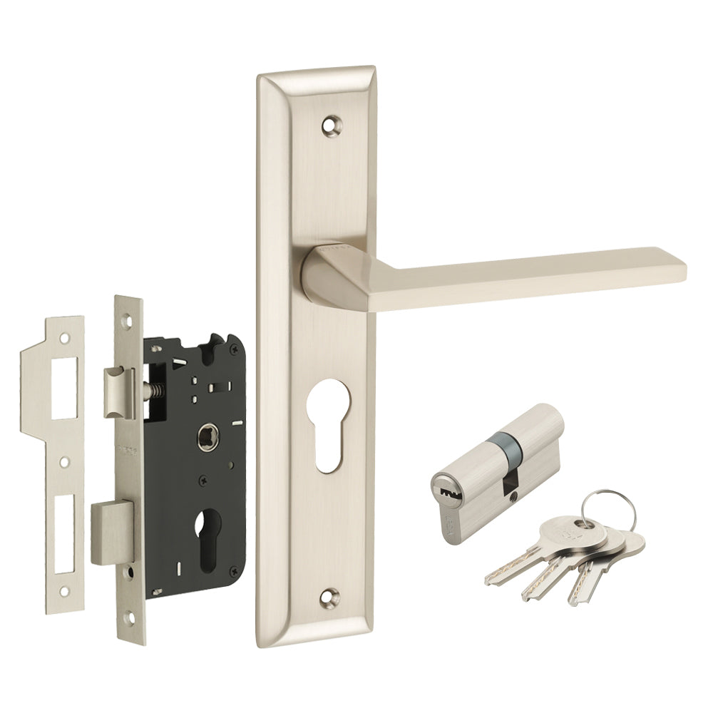 IPSA Mynza Iris Handle Series Door Handle on 8" Plate CYS Lockset with 60mm Both Side Key Cylinder Finish - FSS