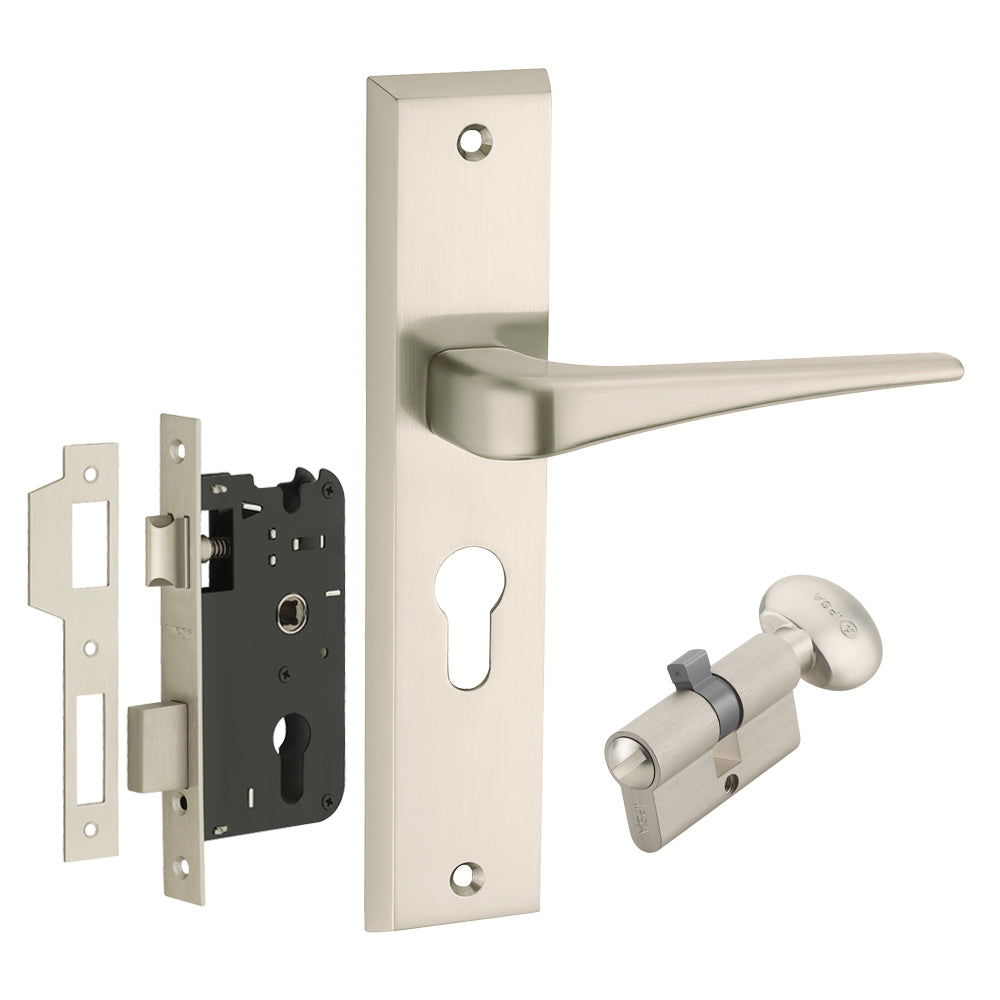 IPSA Navy Iris Handle Series on 8" Plate CYS Lockset with 60mm Coin and Knob - Matte Satin Nickel Finish FSS