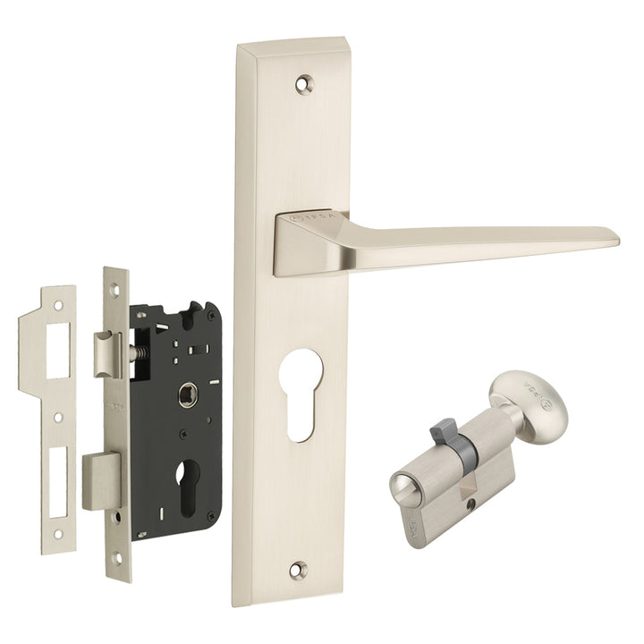IPSA Canary Iris Handle Series on 8" Plate CYS Lockset with 60mm Coin and Knob - Matte Satin Nickel Finish FSS