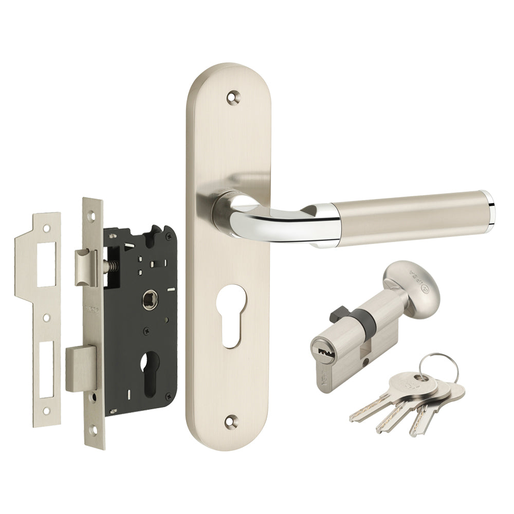 IPSA Cherry Iris Handle Series on 8" Plate CYS Lockset with 60mm One Side Key and Knob - Matte Satin Nickel Finish CPS