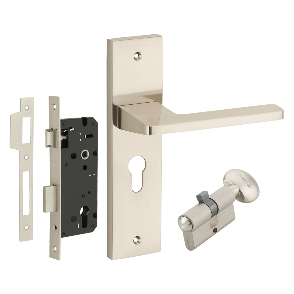 IPSA Cyan Moderna Handle Series on 8" Plate CYS Lockset with 60mm Coin and Knob - Matte Satin Nickel Finish FSS
