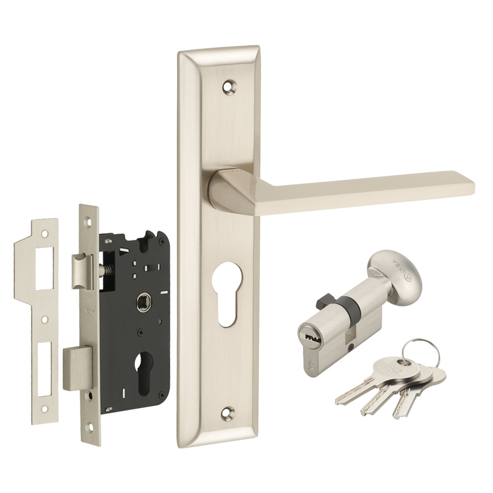IPSA Mynza Iris Handle Series Door Handle on 8" Plate CYS Lockset with 60mm One Side Key & One Side Knob Cylinder Finish - FSS