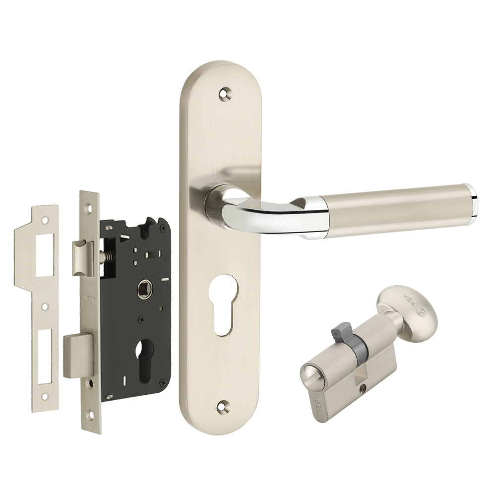 IPSA Cherry Iris Door Handle Series on 8" Plate CYS Lockset with 60mm Coin and Knob - Matte Satin Nickel Finish CPS