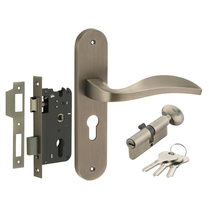 IPSA Scarlet Moderna Handle Series on 8" Plate CYS Lockset with 60mm One Side Key and Knob - Matte Finish MAB