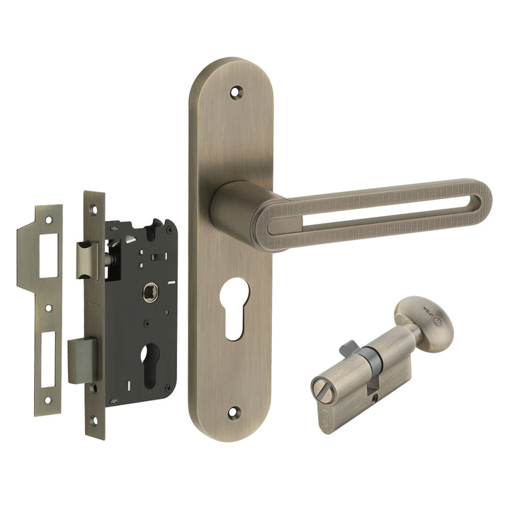 IPSA Curve Moderna Handle Series on 8" Plate CYS Lockset with 60mm Coin and Knob - Matte Antique Finish MAB