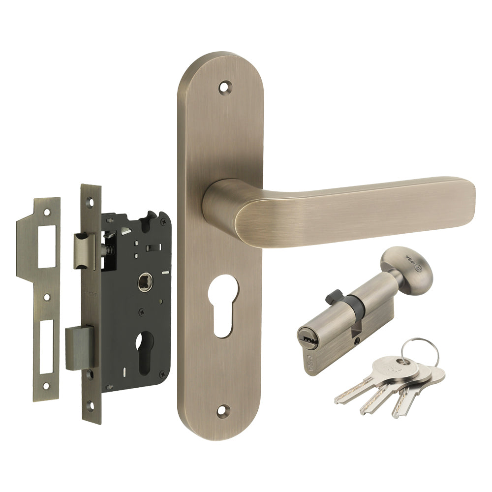 IPSA Plum Moderna Handle Series on 8" Plate CYS Lockset with 70mm One Side Key and Knob - Matte Antique Finish MAB