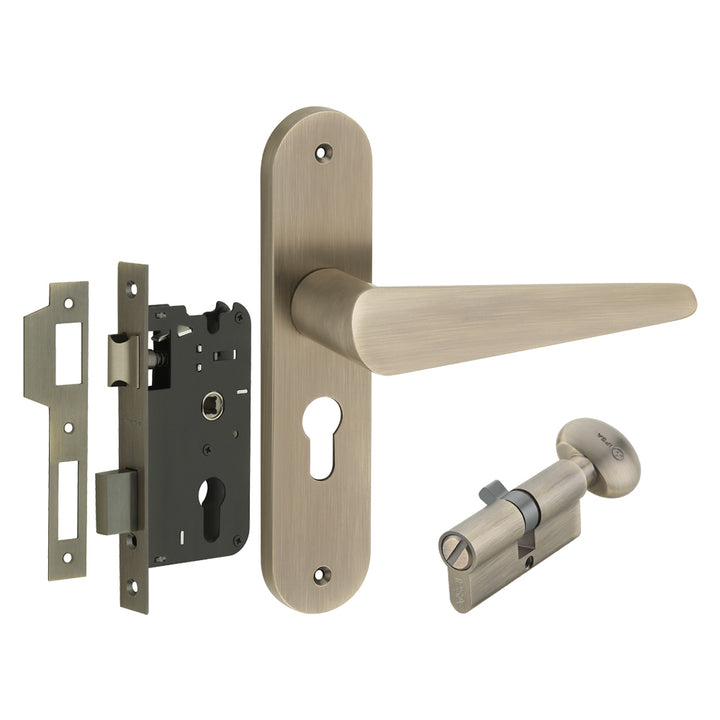 IPSA Bone Moderna Handle Series on 8" Plate CYS Lockset with 60mm Coin and Knob - Matte Antique Finish MAB