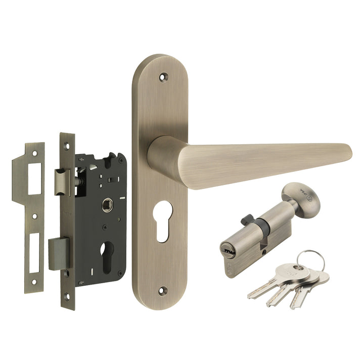 IPSA Bone Moderna Handle Series on 8" Plate CYS Lockset with 60mm One Side Key and Knob - Matte Finish MAB