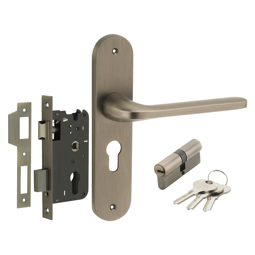 IPSA Olive Moderna Handle Series on 8" Plate CYS Lockset with 60mm Both Side Key - Matte Antique Finish MAB