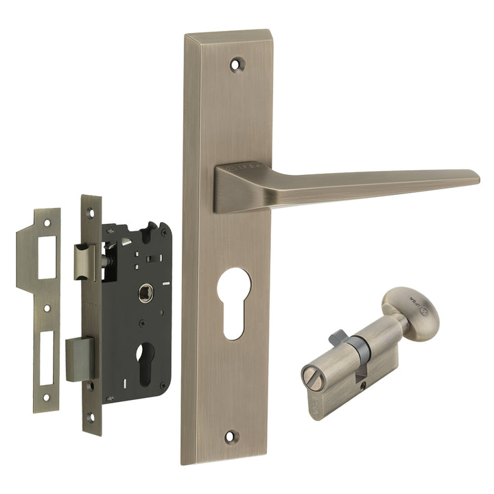 IPSA Canary Iris Handle Series on 8" Plate CYS Lockset with 60mm Coin and Knob - Matte Antique Finish MAB