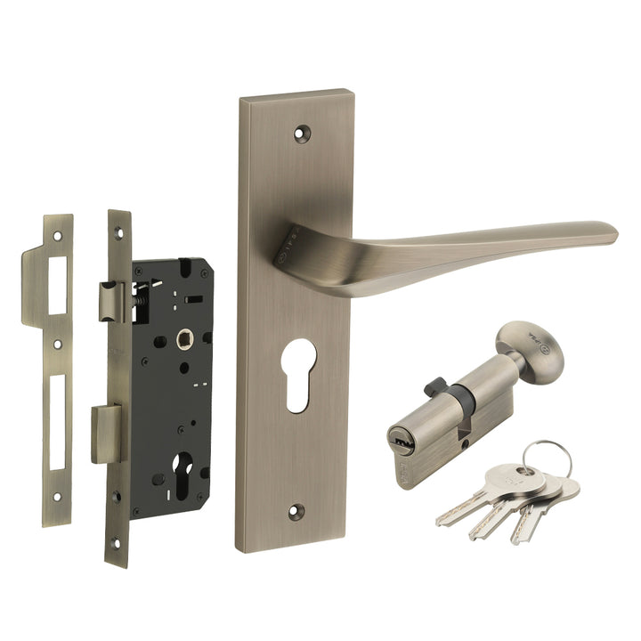 IPSA Sangria Moderna Handle Series on 10" Plate CY Lockset with 60mm Cylinder One Side Key & Knob - Matte Antique Finish ATQ