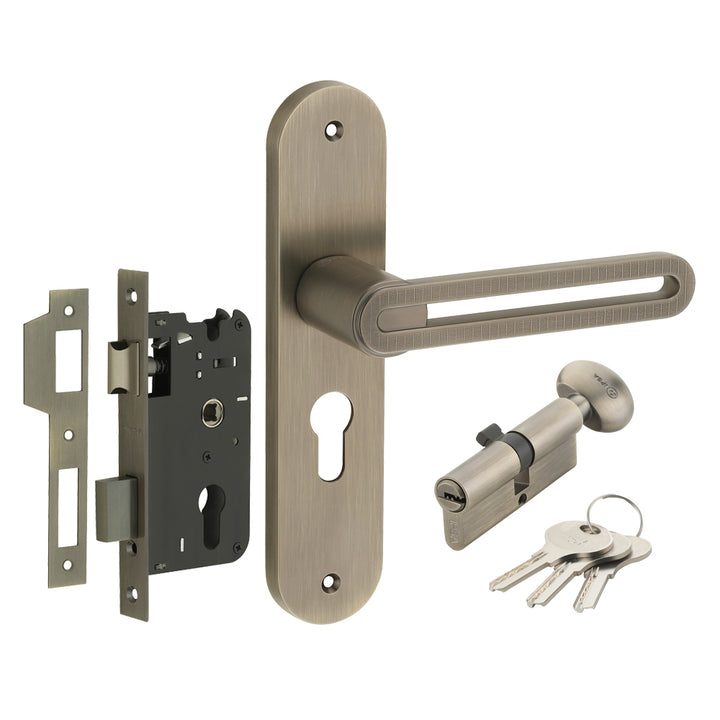 IPSA Curve Moderna Handle Series on 8" Plate CYS Lockset with 60mm One Side Key and Knob - Matte Antique Finish MAB