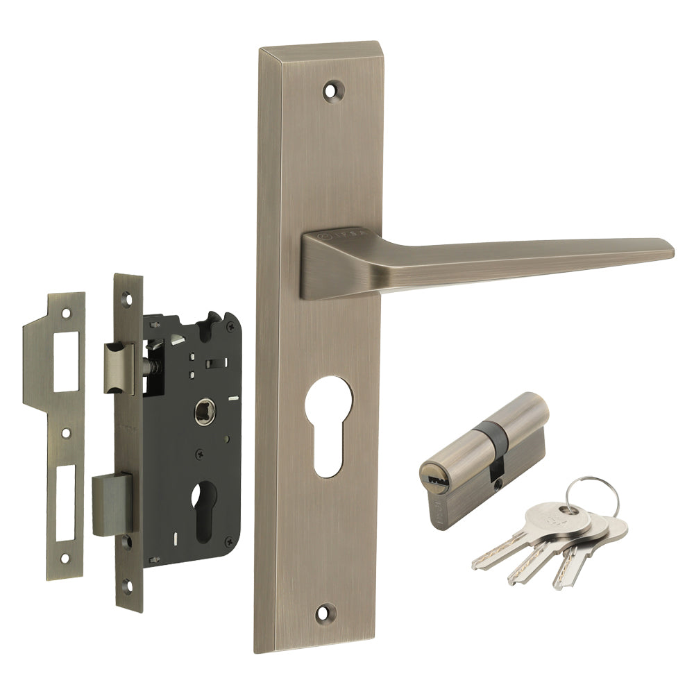 IPSA Canary Iris Handle Series on 8" Plate CYS Lockset with 60mm Both Side Key - Matte Antique Finish MAB