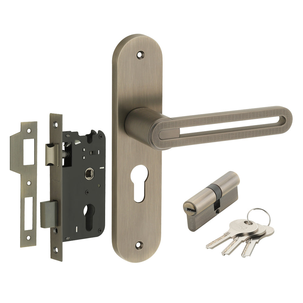 IPSA Curve Moderna Handle Series on 8" Plate CYS Lockset with 60mm Both Side Key - Matte Antique Finish MAB