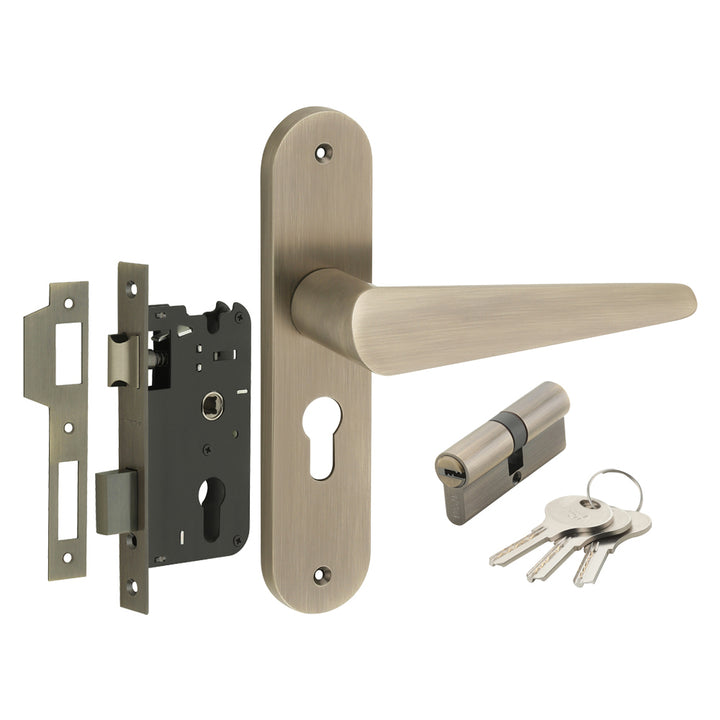 IPSA Bone Moderna Handle Series on 8" Plate CYS Lockset with 60mm Both Side Key - Matte Antique Finish MAB