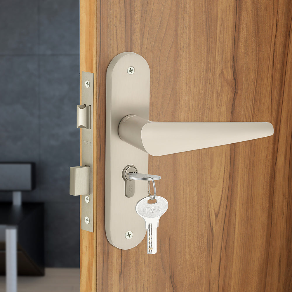 IPSA Bone Moderna Handle Series on 8" Plate CYS Lockset with 60mm Both Side Key - Matte Satin Nickel Finish MSS