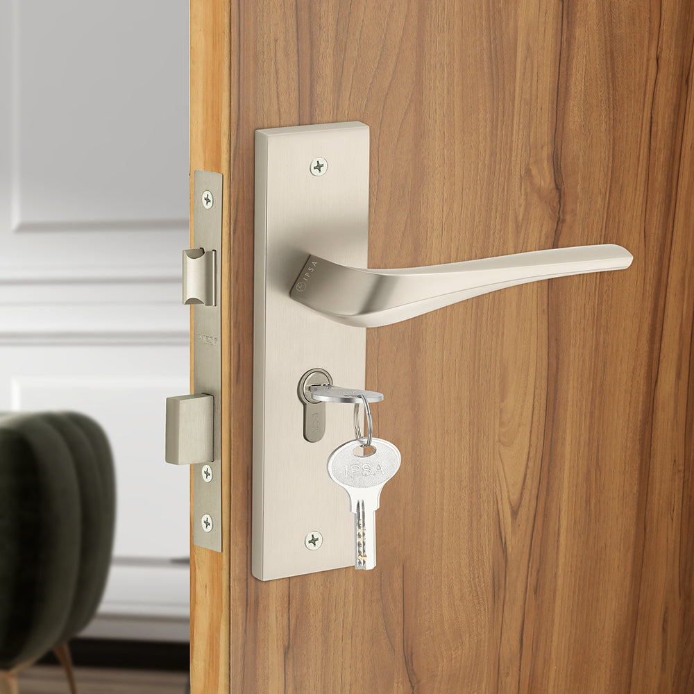 IPSA Sangria Moderna Handle Series on 8" Plate CYS Lockset with 60mm One Side Key and Knob - Matte Satin Nickel Finish MSS