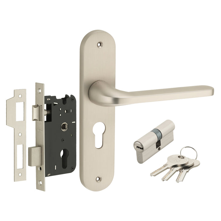 IPSA Olive Moderna Handle Series on 8" Plate CYS Lockset with 60mm Both Side Key - Matte Satin Nickel Finish FSS