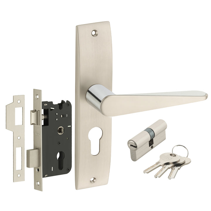 IPSA Oat Iris Handle Series on 8" Plate CYS Lockset with 60mm Both Side Key - Matte Satin Nickel Finish CPS