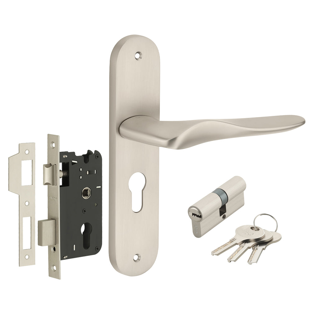 IPSA Sand Iris Handle Series on 8" Plate CYS Lockset with 60mm Both Side Key Cylinder- MSS Finish