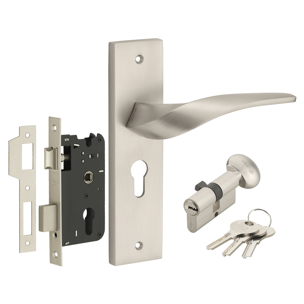 IPSA Mint Iris Handle Series on 8" Plate CYS Lockset with 60mm One Side Key and Knob - MSS Finish