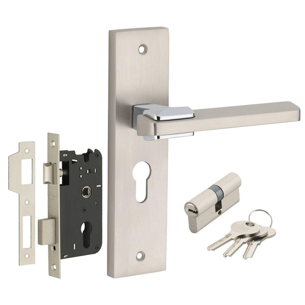 IPSA Pear Iris Handle Series on 8" Plate CYS Lockset with 60mm Both Side Key Cylinder- MSS Finish