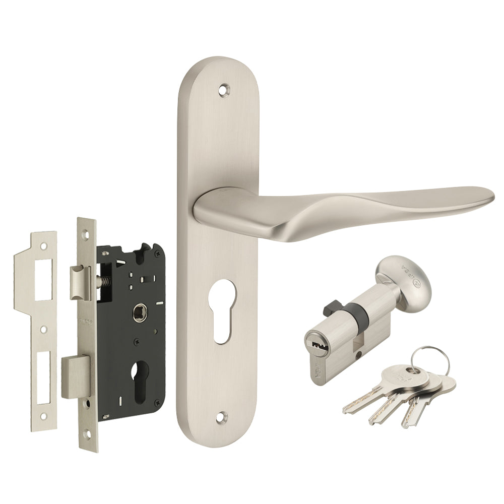 IPSA Sand Iris Handle Series on 8" Plate CYS Lockset with 60mm One Side Key and Knob - MSS Finish