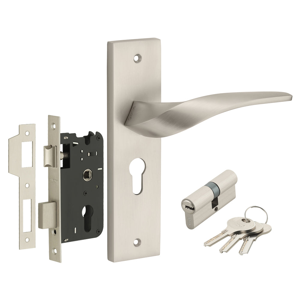 IPSA Mint Iris Handle Series on 8" Plate CYS Lockset with 60mm Both Side Key Cylinder- MSS Finish