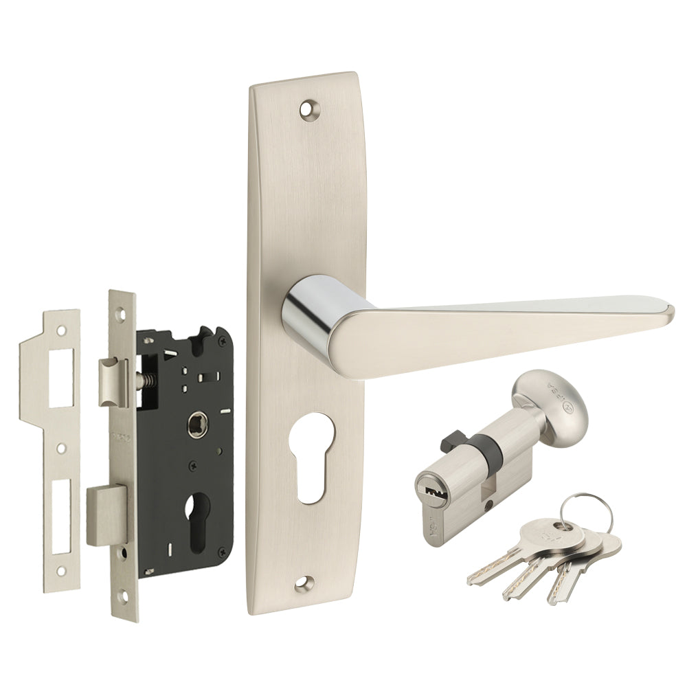 IPSA Oat Iris Handle Series on 8" Plate CYS Lockset with 60mm One Side Key and Knob - Matte Satin Nickel Finish CPS