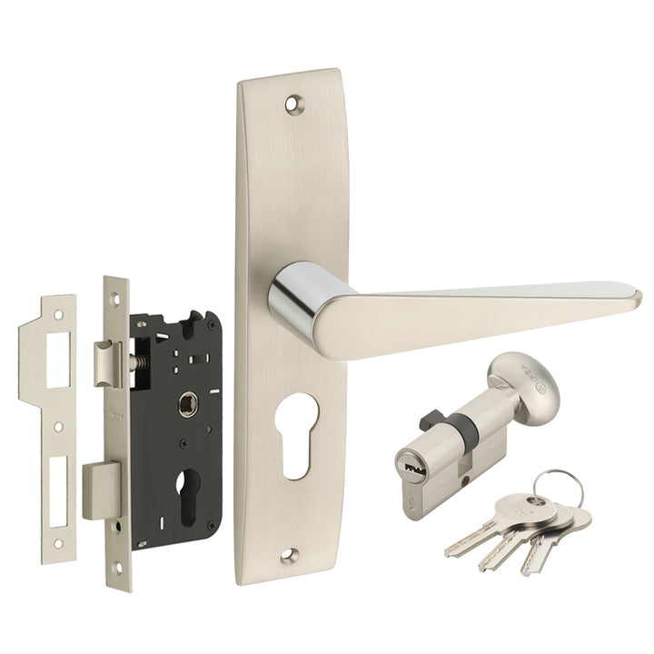 IPSA Oat Iris Handle Series on 8" Plate CYS Lockset with 60mm One Side Key and Knob - Matte Satin Nickel Finish CPS