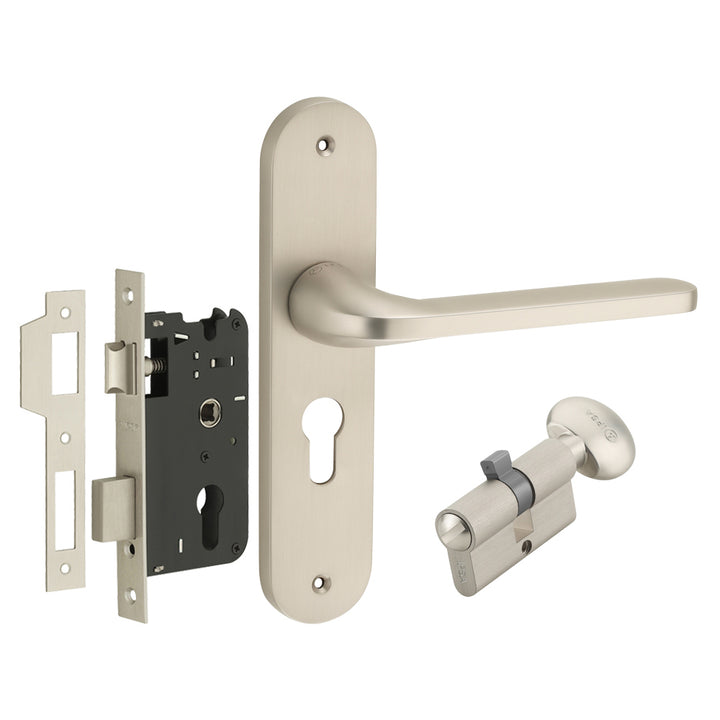 IPSA Olive Moderna Handle Series on 8" Plate CYS Lockset with 60mm Coin and Knob - Matte Satin Nickel Finish FSS