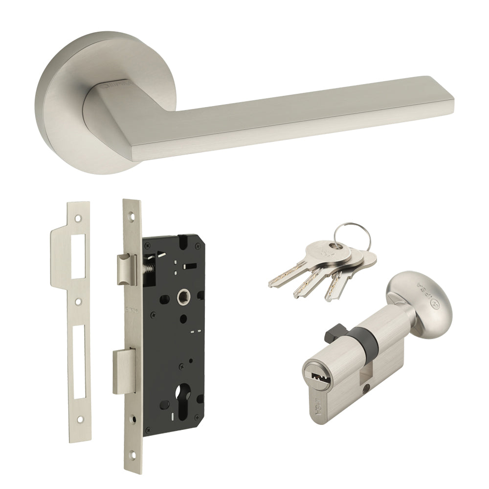 IPSA Mynza Iris Handle Series On Rose with Round Escutcheons Lockset with One Side Key One Side Knob Cylinder Finish - FSS