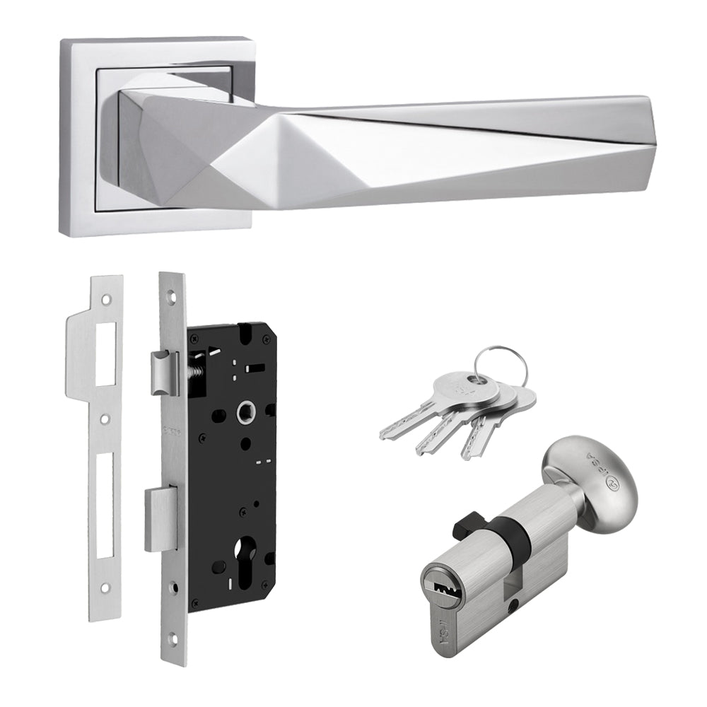 IPSA Ora Premium Range Mortise Handle On Rose Lockset with 60mm One Side Key & Knob Cylinder Finish - CP