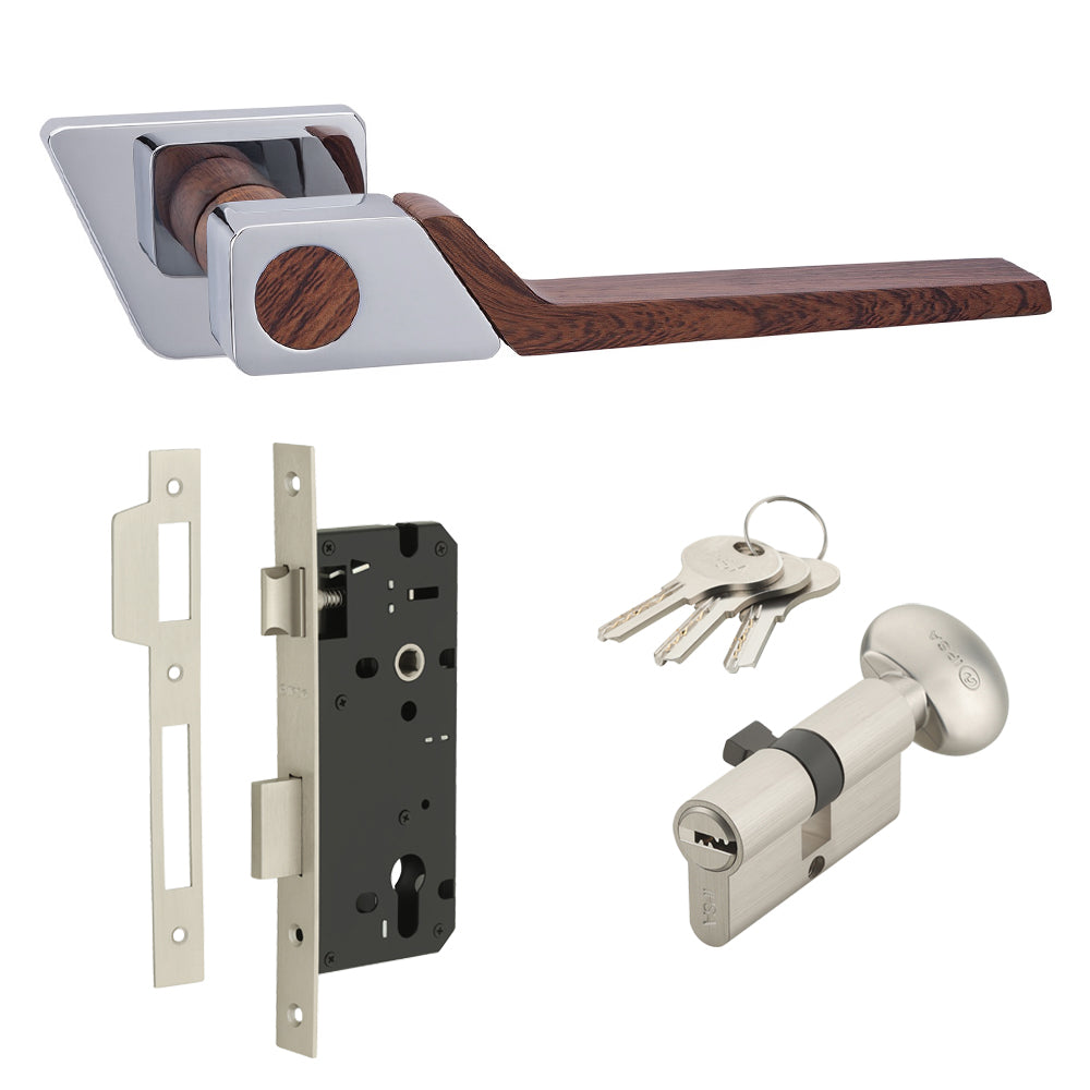 IPSA Luxos Series Ryne On Rose Door Handle with Lock Body and One Side Key 60mm Cylinder Finish - CPY