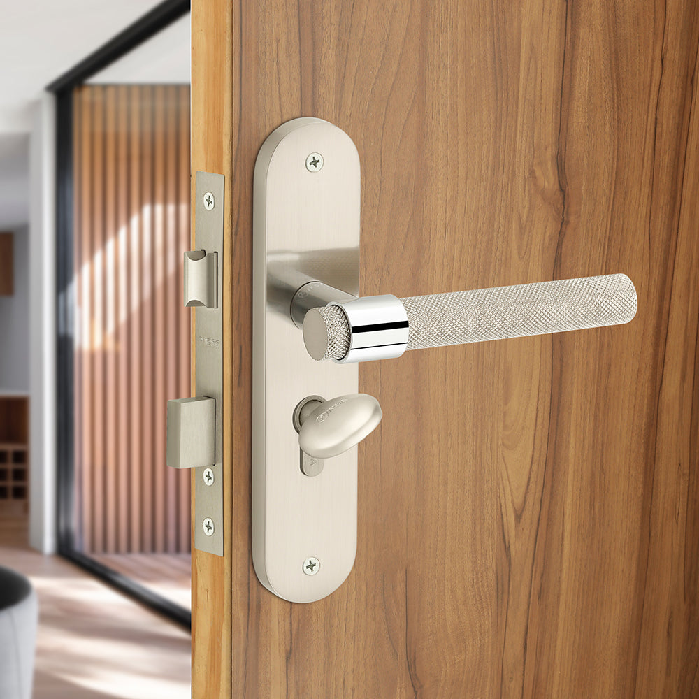 IPSA Gem Moderna Handle Series on 8" Plate CYS Lockset with 60mm Coin and Knob - Matte Satin Nickel Finish CPS