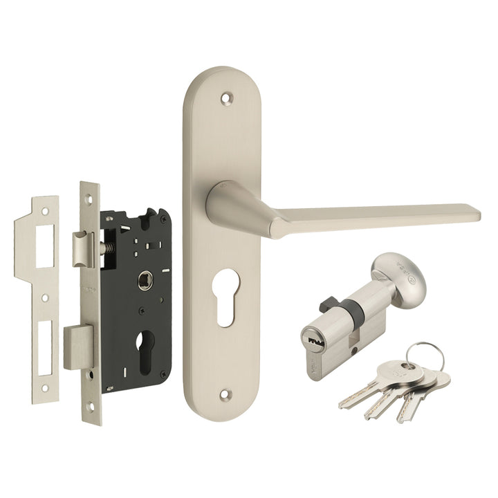 IPSA Pour Moderna Handle Series on 8" Plate CYS Lockset with 60mm One Side Key and Knob - Matte Satin Nickel Finish MSS