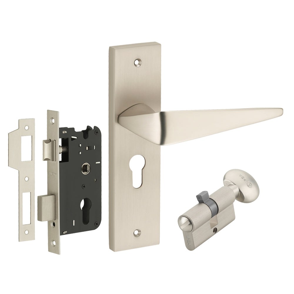 IPSA Capri Moderna Handle Series on 8" Plate CYS Lockset with 60mm Coin and Knob - Matte Satin Nickel Finish MSS
