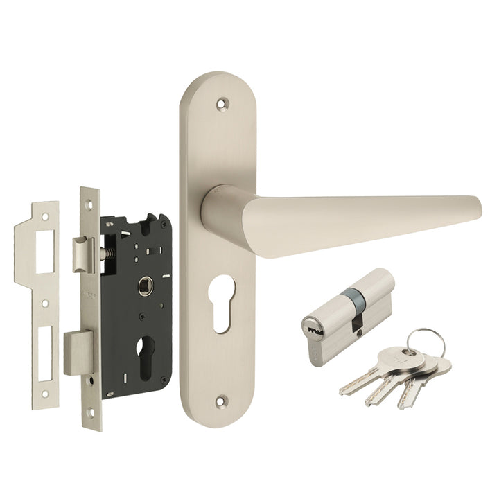 IPSA Bone Moderna Handle Series on 8" Plate CYS Lockset with 60mm Both Side Key - Matte Satin Nickel Finish MSS