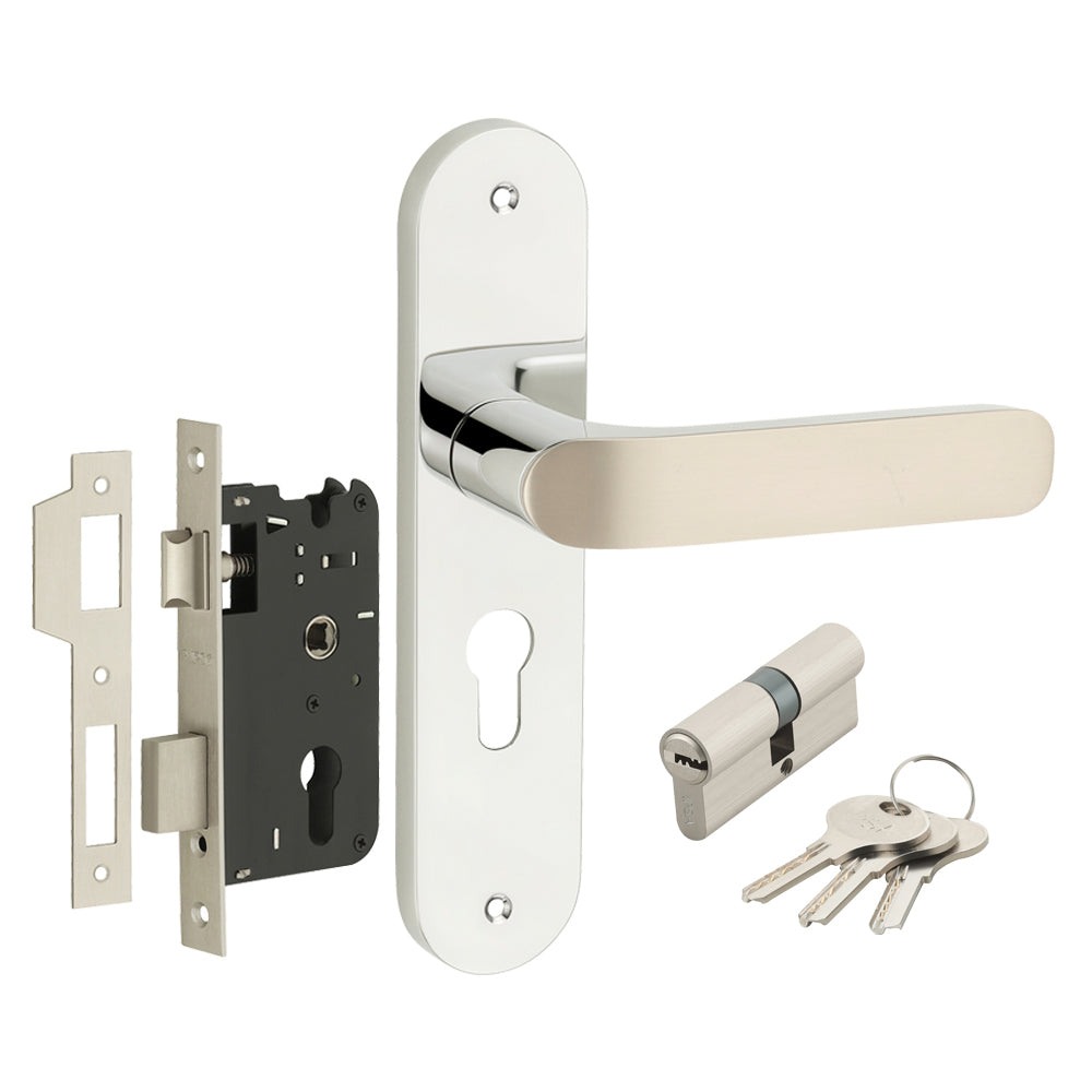 IPSA Plum Moderna Handle Series on 8" Plate CYS Lockset with 60mm Both Side Key - Matte Satin Nickel Finish CPS