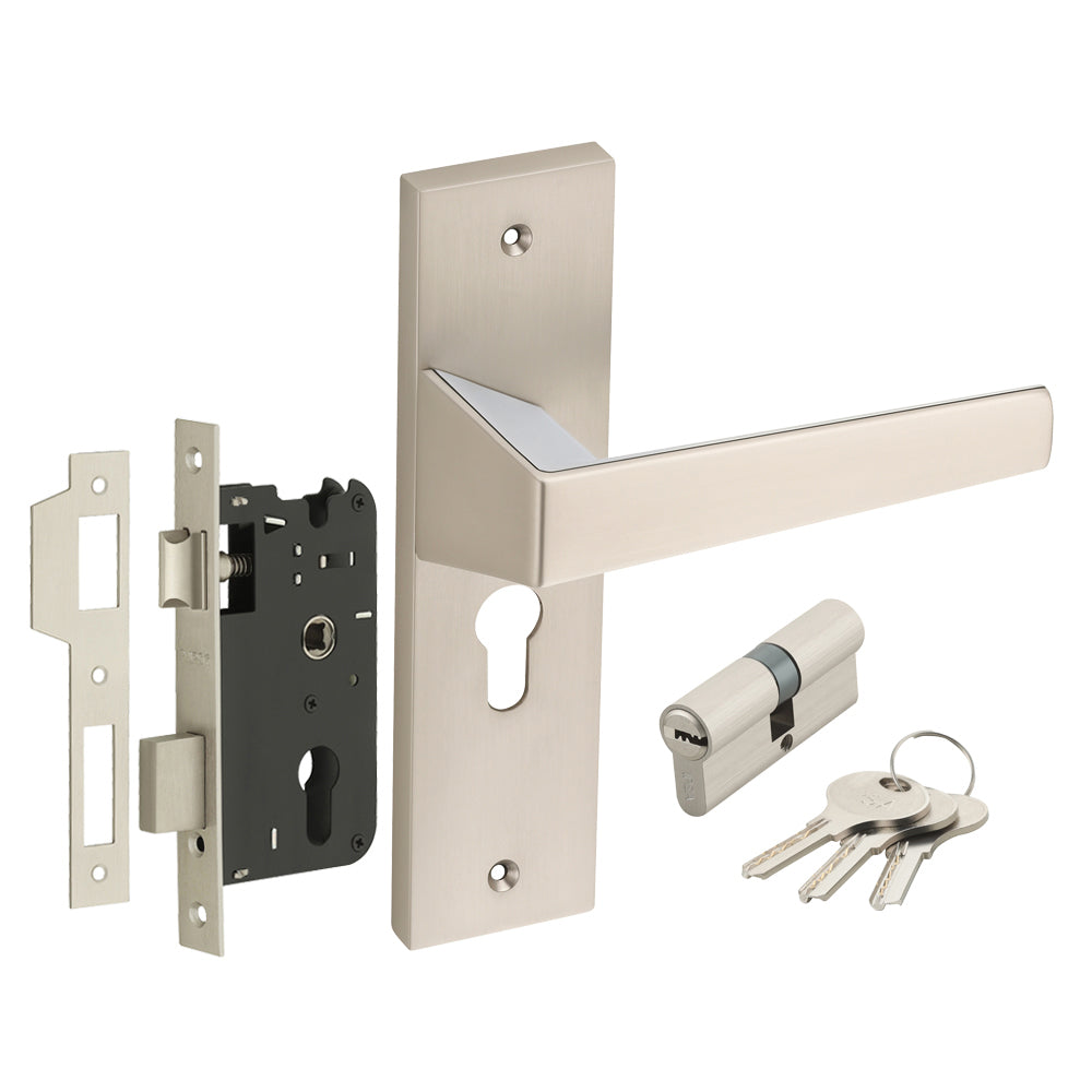 IPSA Tiffy Moderna Handle Series on 8" Plate CYS Lockset with 60mm Both Side Key - Matte Satin Nickel Finish CPS